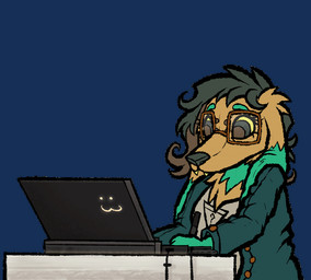 anthro clothing computer concentrating digital_pen drawing electronics eyewear fangs glasses laptop long_ears looking_at_computer looking_at_object orange_body solo teeth deidad_dissitum leyki canid canine mammal animated frame_by_frame