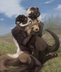 anthro breast_grab breasts brown_body brown_fur butt cloud duo female field fur grass hair hand_on_breast hand_on_head male male/female nails nipples nude outside pawpads plant romantic romantic_couple sitting sky tree white_hair pea2 fisher_(animal) gulonine mammal mustelid musteline wolverine