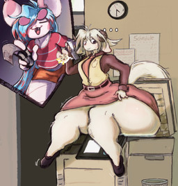 anthro belt belt_buckle big_butt blush bodily_fluids buckle butt cheek_blush circle_eyebrows clock clothing currency detailed_background duo electronics eyebrows fangs female female/female fishnet_clothing fluffy fluffy_tail food horn huge_butt huge_thighs necktie nervous nervous_smile nervous_sweat office office_clothing office_lady phone photocopier photocopying_butt printer raccoon_tail_hair sweat tail teeth thick_thighs topwear vest wide_hips umeroart chinchilla chinchillid food_creature mammal rodent unknown_species absurd_res hi_res