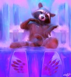 anthro bathing covering covering_crotch flirting flirting_with_viewer looking_at_viewer male nude sitting_in_water smile smiling_at_viewer solo tail tail_between_legs sidekick guardians_of_the_galaxy marvel rocket_raccoon mammal procyonid raccoon hi_res