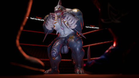 abdominal_markings abs anthro arm_markings arm_scar balls barazoku barefoot big_penis black_sclera blue_body blue_scales boots chest_markings chest_scar claws clothing deltoids elbow_fin feet fighting_pose fighting_ring fin fin_scar footwear genital_piercing genitals golden_markings green_eyes head_fin jewelry leg_markings leg_scar licking licking_lips male markings multicolored_body multicolored_scales muscular muscular_anthro muscular_male navel necklace nipple_piercing nipple_ring nipples notched_fin nude penis penis_piercing piercing pose prince_albert_piercing ring_piercing scales scar shoes shoulder_markings solo standing thigh_markings thigh_scar toe_claws tongue tongue_out two_tone_body two_tone_scales vein veiny_penis white_body white_scales wraps wrist_wraps hirunet chiefkaine_(modeler) alvintanubis dylan_(alvintanubis) fish marine shark 16:9 2025 3d_(artwork) 4k absurd_res digital_media_(artwork) hi_res widescreen