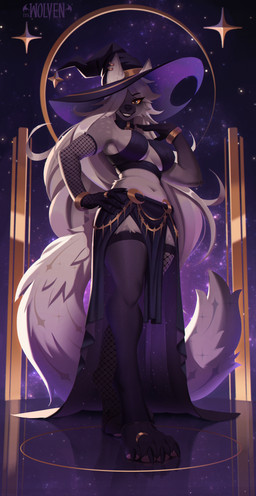 4_toes 5_fingers anthro biped breasts brown_eyes claws clothed clothed_anthro clothed_female clothing countershade_fur countershade_torso countershading ear_piercing feet female finger_claws fingers front_view fur grey_body grey_fur hair hand_on_hip hand_on_own_hip hat headgear headwear legwear long_hair looking_at_viewer navel night outside piercing sky solo standing star teeth thigh_highs toe_claws toes white_hair itswolven canid canine canis mammal wolf 2025 digital_drawing_(artwork) digital_media_(artwork) hi_res