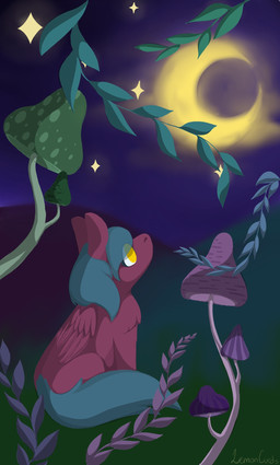 ambiguous_feral ambiguous_gender blue_hair blue_tail crescent_moon feral fungus fur hair moon mushroom night plant red_body red_fur red_wings side_view sitting solo sparkles tail wings yellow_eyes young young_ambiguous young_feral lemoncurds fluffy_pony fluffy_pony_(species) mammal 2021 digital_media_(artwork) hi_res lineless shaded