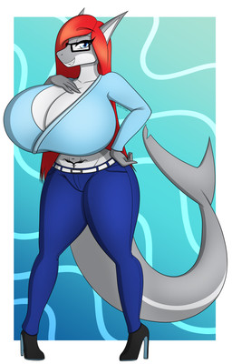 anthro belt big_breasts boots bottomwear breasts cleavage clothed clothing eyewear female footwear glasses hair high_heeled_boots high_heels huge_breasts legwear long_hair looking_at_viewer midriff navel non-mammal_breasts pants rectangular_glasses red_hair shirt shoes simple_background smile solo standing tail tattoo teeth topwear vanthi nadine_ozera_(lildredre) aquatic fish mammal shark absurd_res digital_media_(artwork) hi_res