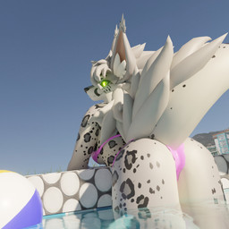 anthro ball beach_ball bent_over bikini bikini_bottom black_sclera butt clothing female glowing glowing_eyes green_eyes inflatable leopard_spots looking_at_viewer looking_back presenting presenting_hindquarters raised_tail smile solo spots swimming_pool swimwear tail two-piece_swimsuit white_body hiddenonez canid canine felid mammal novabeast pantherine snow_leopard 1:1 absurd_res blender_(artwork) blender_cycles_(artwork) digital_media_(artwork) hi_res