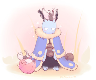 ambiguous_gender antennae_(anatomy) anthro blue_body blush blush_lines empty_eyes feral group happy holding_another kneeling male neck_tuft on_ground tuft white_eyes patholurk bug_fables moonsprout_games leif_(bug_fables) arthropod insect lepidopteran moth 2025