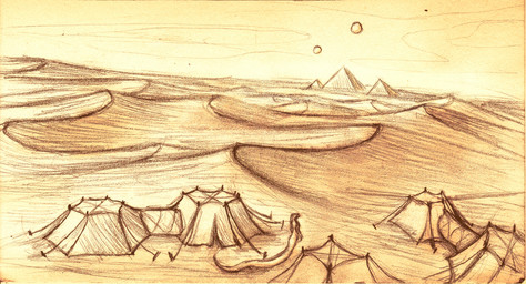 apode desert dunes landscape legless living_hair pseudo_hair pyramid serpentine settlement snake_hair tent dirtypaperjoe draconcopode naga reptile scalie snake 2025 absurd_res hi_res traditional_media_(artwork)