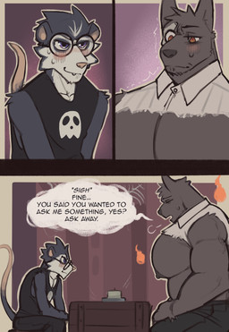 3_panel_comic anthro arm_scar belly big_muscles big_nipples big_pecs black_body black_clothing black_fur black_shirt black_tank_top black_topwear bodily_fluids bone bottomwear clothing dialogue duo encouragement eyewear fondling fur glasses huge_nipples huge_pecs inside looking_at_another male male/male musclegut muscular muscular_anthro muscular_male navel nipples on_lap one_eye_half-closed orange_eyes pants pec_grab pecs round_glasses sad scar self_fondle shirt sitting_on_lap skull speech_bubble standing surprised sweat sweat_mark tail tank_top text topwear torn_clothing torn_shirt torn_topwear white_body white_fur king_slabu adrian_(king_slabu) nolan_(king_slabu) american_opossum canid canine canis domestic_dog mammal marsupial spirit virginia_opossum absurd_res comic digital_media_(artwork) english_text hi_res