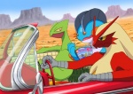 ambiguous_gender anthro blue_body blue_eyes car claws desert green_body group inside_car inside_vehicle magazine orange_eyes outside red_body sky starter_trio text vehicle yellow_sclera sansui サンスイ fear_and_loathing_in_las_vegas nintendo pokemon avian bird blaziken generation_3_pokemon lizard pokemon_(species) reptile scalie sceptile swampert japanese_text translated