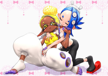breast_grab breasts clothing crop_top dark_body dark_skin duo eyes_closed female female/female hand_between_legs hand_on_breast humanoid_pointy_ears leggings legwear not_furry pointy_ears pseudo_hair shirt simple_background sitting spread_legs spreading tentacle_hair tentacles topwear koharuno2 nintendo splatoon frye_(splatoon) shiver_(splatoon) aquatic cephalopod humanoid inkling mollusk octarian octoling hi_res
