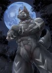 2019 abs anthro barazoku canid canine canis claws crossed_arms fangs featureless_crotch fur geppei5959 grey_body grey_claws grey_ears grey_fur grey_nose hi_res kemono leg_markings light lighting low-angle_view male mammal markings moon muscular muscular_anthro muscular_male night nude pawpads pink_pawpads plant portrait shaded smile solo standing teeth three-quarter_portrait tree white_markings wolf yellow_eyes