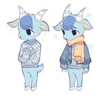 anthro blue_body blue_fur blush chibi clothing coat fur head_tuft hooves male scarf solo sweater topwear tuft charamells_(artist) animal_crossing nintendo sherb_(animal_crossing) bovid caprine goat mammal hi_res