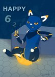 5_fingers 621_(number) ambiguous_gender anthro featureless_crotch fingers fire flaming_tail half-closed_eyes hexagon hexagon_background hexagonal_grid hexagons legs_up mascot narrowed_eyes open_mouth raised_leg sitting smile solo tail tongue white_nose yellow_eyes yellow_tongue kaiberu 621_day e621 esix 2023 hi_res