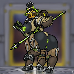 anus blurred_background breasts butt depth_of_field female genitals green_anus green_nipples green_vulva gun gun_arm hair looking_at_viewer looking_back machine melee_weapon multicolored_body nipples polearm ponytail presenting presenting_hindquarters ranged_weapon solo vulva weapon weapon_arm servopilot blizzard_entertainment overwatch orisa_(overwatch) omnic robot taur 1:1 absurd_res hi_res