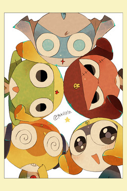 anthro black_eyes blue_body blue_eyes blue_skin clothing dark_body dark_skin eyewear glasses green_body green_skin group hat headgear headwear male mask military_hat red_body red_skin skull_symbol spiral_glasses star_symbol symbol wakaba_symbol yellow_body yellow_skin tokuuta sgt._frog dororo_(sgt._frog) giroro keroro kururu tamama alien amphibian frog keronian 2:3 hi_res