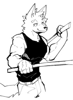 anthro biceps bottomwear clothing hair male melee_weapon muscular muscular_anthro muscular_male pants shirt simple_background smile solo standing sword tank_top topwear weapon white_background asleepchef yakumo_(asleepchef) canid canine canis domestic_dog hybrid mammal wolf hi_res monochrome