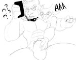 2_horns 5_fingers abs anthro anthro_on_anthro big_muscles big_pecs black_text bulge bulge_grab cellphone cheek_tuft chin_tuft dialogue duo electronics eyebrows eyewear facial_tuft fingers front_view frown glasses grope hand_on_bulge head_horn head_tuft holding_cellphone holding_object holding_phone holding_smartphone horn humanoid_hands larger_anthro larger_male looking_aside looking_at_another male male/male muscle_size_difference muscular muscular_anthro muscular_male open_frown open_mouth open_smile pecs phone question_mark rectangular_glasses sitting size_difference smaller_anthro smaller_male smartphone smile surprise text tuft wearing_glasses bristol chiko_(bristol) bovid caprine goat mammal 2022 digital_media_(artwork) english_text half-length_portrait hi_res monochrome portrait sketch