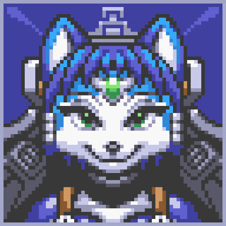 accessory anthro beads blue_body blue_hair circlet cockpit eyebrows female green_eyes hair hair_accessory hair_beads smile solo white_body tobias_leviathan nintendo star_fox star_fox_2 krystal_(star_fox) canid canine fox mammal 1:1 2026 bust_portrait digital_media_(artwork) low_res pixel_(artwork) portrait
