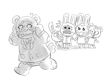 accessory anthro bodily_fluids chibi clothing crying facial_hair group male mustache necktie shirt simple_background slightly_chubby sweat tears topwear white_background cubert animal_crossing nintendo beardo_(animal_crossing) gaston_(animal_crossing) bear lagomorph leporid mammal rabbit 2020 hi_res monochrome