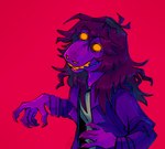 5_fingers anthro claws clothing crazed creepy empty_eyes eyebrow_through_hair eyebrows female fingers hair jacket looking_at_viewer messy_hair purple_body purple_hair purple_skin red_background sharp_teeth simple_background smile solo teeth topwear translucent translucent_hair yellow_eyes yellow_teeth ebonytails deltarune undertale_(series) susie_(deltarune) dinosaur prehistoric_species reptile scalie digital_media_(artwork) hi_res signature