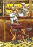 alternative_fashion anthro barman bartender duo ear_piercing ear_ring female male male/female melee_weapon piercing ring_piercing steampunk sword weapon n2o felid human mammal prehistoric_species saber-toothed_tiger 2022 hi_res