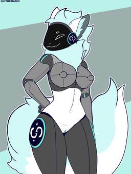 anthro biped blue_body blue_fur blue_vulva breasts female fluffy fluffy_tail fur genitals hand_on_hip machine multicolored_body multicolored_fur navel neck_tuft nipples nude screen screen_face smile solo tail tuft vulva white_body white_fur the_man mammal protogen 2023 3:4 absurd_res hi_res portrait three-quarter_portrait