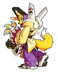 ambiguous_gender anthro black_sclera blue_eyes clothing dipstick_ears dipstick_tail ear_markings facial_markings head_markings looking_at_viewer looking_back looking_back_at_viewer markings multicolored_ears pawpads solo tail tail_markings torn_clothing railroadlion bandai_namco digimon digimon_(species) taomon absurd_res hi_res