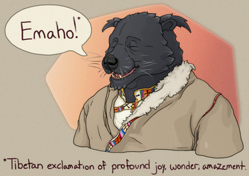 anthro black_nose clothing collared_shirt dialogue explanation eyes_closed fur fur_tuft grey_body grey_fur happy joyful language male religion shirt simple_background solo speech_bubble teeth tibetan tibetan_clothing tongue topwear tuft whiskers xroshtag xroshtag_(artist) buddhism mahayana_buddhism rahula_(xroshtag) binturong mammal viverrid bust_portrait portrait