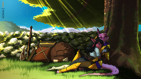 anthro armor axe backpack black_hair blue_eyes clothed clothing cuddling female female/female hair hand_holding head_on_chest pink_body pink_skin prosthetic prosthetic_leg prosthetic_limb red_body red_skin scenery sitting sitting_on_grass sky stone_wall under_tree wall_(structure) yellow_eyes feretta marun_(reaperonico) goblin kobold scalie 16:9 2025 hi_res widescreen