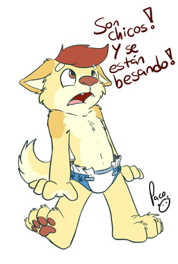 anthro arm_tuft blue_diaper brown_eyes brown_hair brown_pawpads cheek_tuft chest_tuft clothed clothing diaper ears_back facial_tuft fangs front_view fur glistening glistening_eyes hair logo male navel open_mouth pawpads pink_tongue pivoted_ears shoulder_tuft simple_background standing teeth tongue topless tuft wearing_diaper white_background white_diaper yellow_body yellow_fur young young_anthro young_male pandapaco canid canine mammal artist_logo hi_res signature