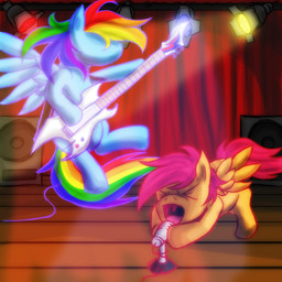 amplifier blue_body blue_feathers blue_fur detailed_background duo electric_guitar electronics feathered_wings feathers female feral fur guitar hair microphone multicolored_hair multicolored_tail musical_instrument playing_guitar playing_music plucked_string_instrument rainbow_hair rainbow_tail stage string_instrument tail toony wings young young_feral altur friendship_is_magic hasbro my_little_pony mythology rainbow_dash_(mlp) scootaloo_(mlp) equid equine mammal mythological_creature mythological_equine pegasus 1:1