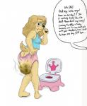 anthro biped blush bodily_fluids breasts clothing diaper embarrassed feces female fur genital_fluids hair long_hair looking_back potty scatplay shirt simple_background soiled_diaper soiling solo standing text topwear unclean_diaper urine used_diaper watersports wet_diaper wetting white_background shydaddy mitzi_(griffdog) bird_dog canid canine canis cocker_spaniel domestic_dog hunting_dog mammal spaniel english_text