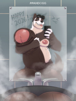anthro armpit_hair balls beard belly big_balls big_nipples big_penis blush bodily_fluids body_hair cellphone chest_hair claws ear_piercing ear_ring electronics exclamation_point facial_hair fangs faucet fluffy fluffy_tail foreskin genitals glans heterochromia holding_cellphone holding_object holding_phone huge_balls huge_penis hugging_penis humanoid_genitalia humanoid_penis hyper hyper_balls hyper_genitalia hyper_penis looking_at_object looking_at_phone male mirror mirror_selfie moobs musk musky_balls musky_penis mustache nipples open_mouth penis phone piercing ring_piercing selfie sink slightly_chubby smile solo steam sweat sweaty_balls sweaty_genitalia tail teeth text tongue tongue_out unretracted_foreskin vein veiny_penis ppandogg new_year_2026 pang_(ppandogg) bear canid canine canis domestic_dog giant_panda hybrid mammal english_text hi_res