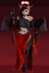 anthro black_sclera black_wings bottomwear bracelet claws clothing cloven_hooves collar flaming_halo gynomorph halo hooves horn intersex jewelry loincloth red_eyes wings rinny rinny_(character) demon domestic_cat felid feline felis mammal tabby_cat hi_res