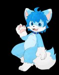 3_toes 4_fingers anthro blue_body blue_eyes blue_fur blue_hair blush cape clothing collar fangs feet fingers fur gesture hair kemono male open_mouth simple_background smile solo teeth toes transparent_background unfinished_version waving young ak9sa akakusa third-party_edit mikey_(mikey_fox) canid canine fox mammal alpha_channel hi_res