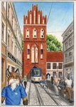 anthro building city female gate gothic_architecture group looking_away male outside public_transportation rail_transit standing tram urban_rail_transit vehicle walking syntech canid canine canis fox mammal procyonid raccoon wolf hi_res traditional_media_(artwork)