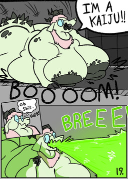 anthro areola big_areola big_breasts big_nipples black_spots blotchy_areola breasts city dialogue eyewear fur glasses green_body green_fur huge_areola huge_breasts huge_nipples laser macro male mouth_laser nipple_dip nipples nude_anthro nude_male obese obese_anthro obese_male overweight overweight_anthro overweight_male pink_body pink_fur pink_wool rampage solo speech_bubble spiked_tail spikes spikes_(anatomy) spots spotted_hips spotted_shoulders tail text thought thought_bubble thoughts wearing_glasses wool_(fur) wool_hair yelling living_lupis shawn_(living_lupis) bovid caprine kaiju mammal monster sheep 2025 absurd_res black_and_white comic digital_media_(artwork) english_text hi_res monochrome