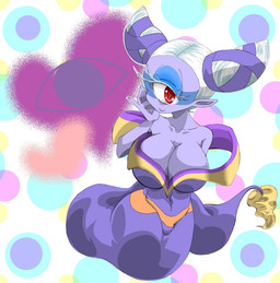 big_breasts breasts cleavage clothed clothing female hair looking_at_viewer not_furry purple_body purple_skin red_eyes solo white_hair wide_hips mame_den9 level-5 yo-kai_watch insomni cyclops humanoid