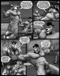 2017 3d_(artwork) abs anthro anthro_on_anthro balls bdsm beard biceps big_muscles big_penis bodily_fluids body_hair bondage bound bovid bovine braford cattle chest_hair chuck_(braford) clothing comic dialogue digital_media_(artwork) dominant dominant_male dozer_(braford) english_text erection eyes_closed facial_hair fangs felid foreskin genital_fluids genitals goatee greeting greyscale group hair horn huge_muscles humanoid_genitalia humanoid_penis kurt_(braford) lion lying male male/male mammal monochrome muscular muscular_male navel nipples nude obliques on_back open_mouth pantherine pecs penis precum restraints rhinoceros rope rope_bondage shirt smile speech_bubble standing submissive submissive_male sweat sweatband tank_top teeth text tongue tongue_out topwear triceps url vein veiny_muscles vest whiskers
