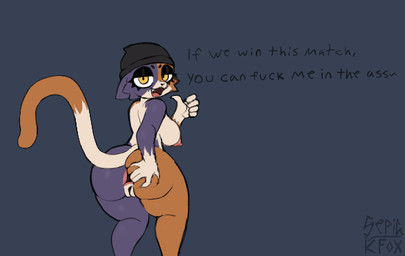 anthro anus areola beanie big_butt breasts butt clothing dialogue eyelashes female fur genitals gesture hand_gesture hat headgear headwear looking_at_viewer looking_back looking_back_at_viewer mostly_nude multicolored_body multicolored_fur nipples offering_sex offering_to_viewer pointing pointing_at_self presenting side_boob solo spread_anus spread_butt spreading text vulva yellow_eyes sepiakfox epic_games fortnite meow_skulls calico_cat domestic_cat felid feline felis mammal