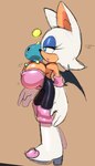 anthro armwear big_breasts blue_eyeshadow boots breasts cleavage clothed clothing duo elbow_gloves eyelashes eyeshadow female footwear glistening_eyelids gloves hair handwear lidded_eyes lipstick makeup nipple_outline riding shoes side_view simple_background tan_background white_hair wings bananagaari sega sonic_adventure sonic_the_hedgehog_(series) rouge_the_bat bat chao_(sonic) mammal 2022 digital_media_(artwork) hi_res