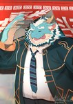 anthro belly blep blue_body eyes_closed hair horn male mature_male necktie overweight solo tongue tongue_out white_hair kamakitoron lifewonders mythology tokyo_afterschool_summoners qinglong_(tas) dragon mythological_creature mythological_scalie scalie absurd_res hi_res