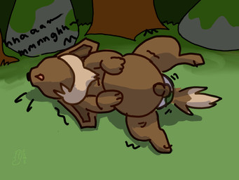 animal_genitalia balls belly big_belly big_egg black_sclera brown_body brown_fur dipstick_tail ears_back egg extended_sound_effect feral forest forest_background fully_sheathed fur genitals grunting lying male markings moan multicolored_egg nature nature_background on_side open_mouth oviposition paws pivoted_ears plant pokemon_egg raised_head ruff rumbling_stomach sheath solo sound_effect_variant sound_effects spread_legs spreading tail tail_markings text tree furinmyeyes nintendo pokemon eevee generation_1_pokemon mammal pokemon_(species) 2025 4:3 cel_shading digital_media_(artwork) hi_res shaded signature