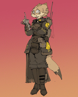 ambiguous_gender anthro backpack boots clothed clothing electronics footwear jacket shoes simple_background tan_body topwear walkie-talkie titanogoro unknown_species hi_res