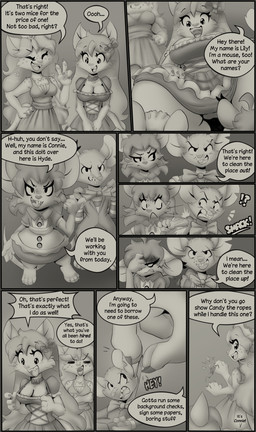 accessory angry annoyed anthro bending_down big_breasts blush blush_lines bow_ribbon bow_tie breasts buckteeth carrying_another carrying_person claws clothed clothing crown dialogue dress extreme_size_difference eyelashes female finger_claws flower flower_in_hair freckled_chest freckled_face freckled_shoulders freckles gesture gloves greeting group hair hair_accessory hand_gesture handwear headgear jewelry long_eyelashes long_hair looking_down looking_down_at_another maid_uniform male micro motion_lines necklace pawpads plant pushing resting_bitch_face servant servants sharp_teeth shocked size_difference small_breasts smug smug_face teeth text toe_claws tuft uniform v_sign muhny lily_(muhny) princess_nino_(muhny) domestic_cat felid feline felis mammal mouse murid murine rodent comic english_text hi_res