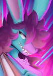 anthro blue_body blue_fur eyeshadow fangs female fur green_eyes hair lgbt_pride looking_at_viewer makeup markings pride_colors purple_hair purple_markings simple_background solo teeth teeth_showing transgender_pride_colors pankallisti fetch_(fetchbunny) hare lagomorph leporid mammal digital_media_(artwork) digital_painting_(artwork) hi_res painting_(artwork) trans_(lore) trans_woman_(lore)
