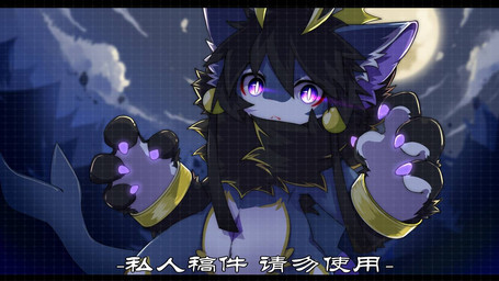 anthro big_eyes black_hair blue_body blue_fur claws fur glowing glowing_claws glowing_eyes hair kemono looking_at_viewer male moon night purple_claws purple_eyes slim_anthro slim_male solo white_body white_fur hlg7777 canid canine fox mammal 2022