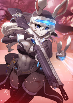ambiguous_gender anthro belt big_breasts blood blue_eyes bodily_fluids breasts bruised clothing duo female fur gloves gun hair handwear holding_gun holding_object holding_ranged_weapon holding_rifle holding_weapon legwear long_hair machine ranged_weapon reloading rifle thigh_highs thong_straps torn_clothing visor weapon white_body white_fur white_hair jecbrush ayla_leparc lagomorph leporid mammal rabbit robot 2026 hi_res