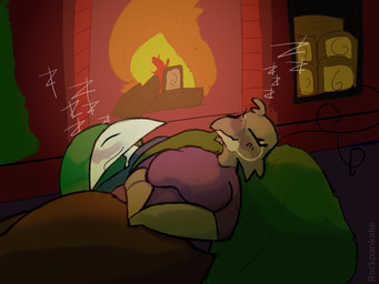 anthro clothed clothing cuddling duo female fireplace grey_body holidays male multicolored_body sleeping text two_tone_body white_body rockpankake christmas roi_(rockpankake) avian bird miteling penguin 2025 4:3 digital_media_(artwork) english_text hi_res