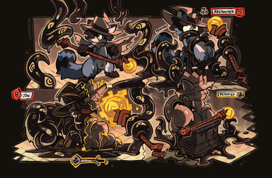 ambiguous_gender anthro bound clothing gag gagged hat headgear headwear inanimate_transformation lifted petrification slime solo staff status_effect tentacles transformation wizard_hat kurousagi_kemo hi_res